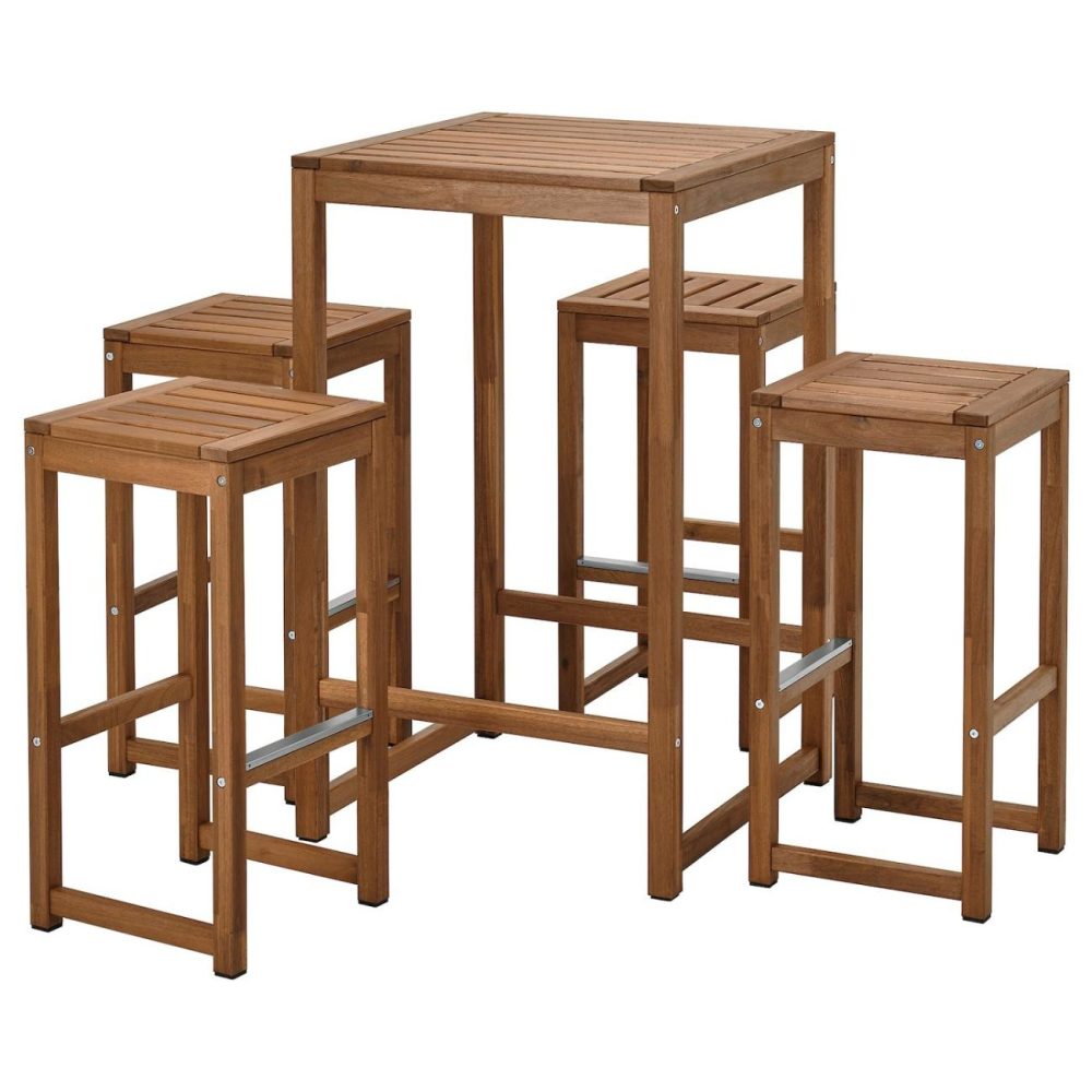 Bar Table And 4 Bar Stools, Outdoor/Light Brown Stained Outdoor