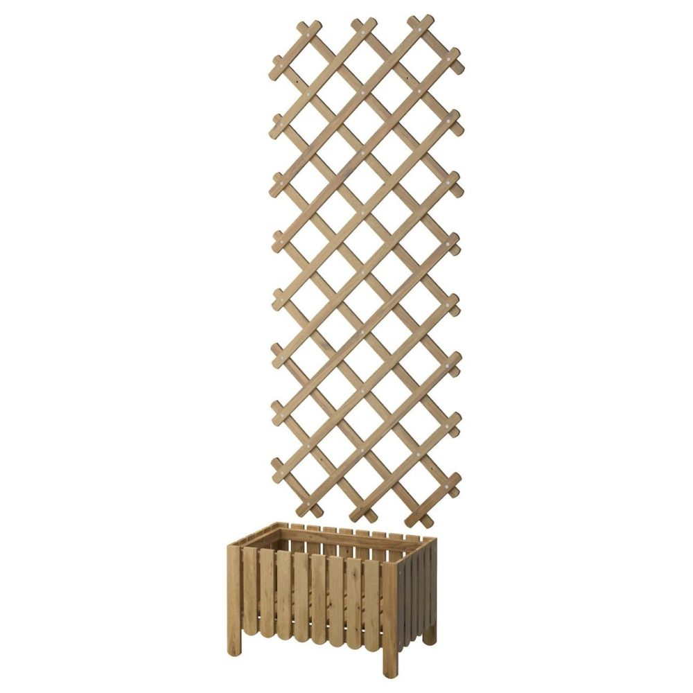 Flower Box With Trellis, Outdoor, Light Brown Staine Outdoor Light Brown Stained