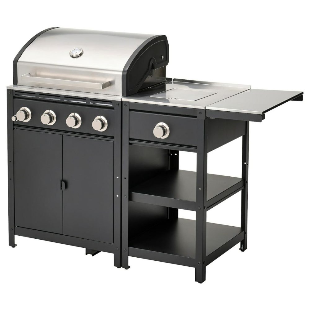 Gas Grill With Side Burner/Table, Stainless Steel/Outdoor Outdoor