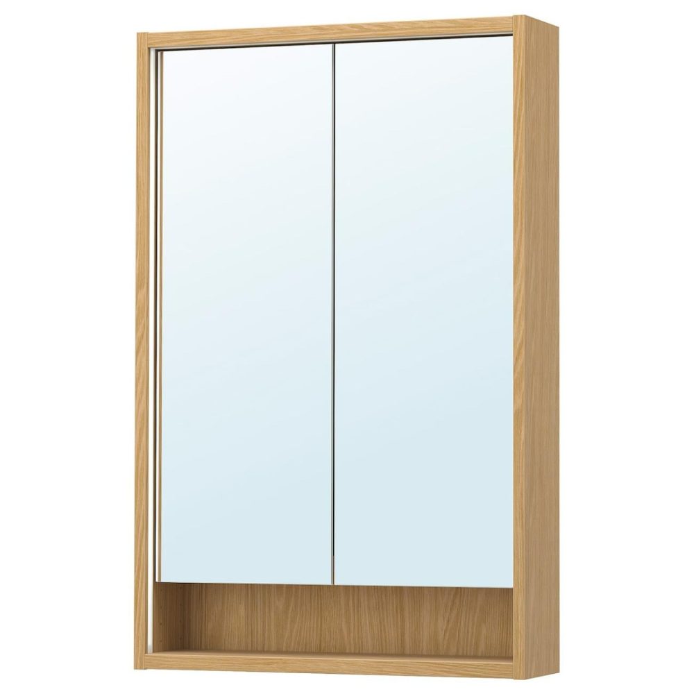 Mirror Cabinet W Built-In Lighting, Oak Effect Bathroom Lighting Oak Effect