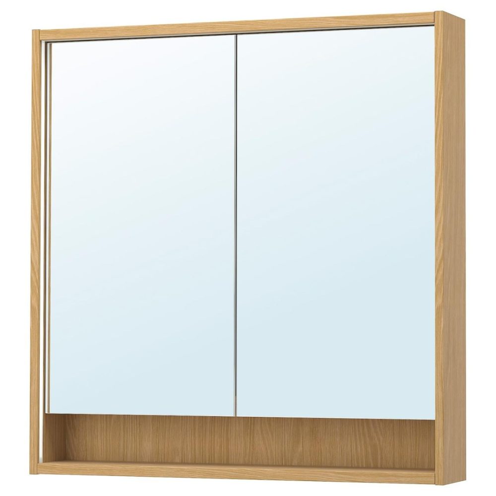 Mirror Cabinet W Built-In Lighting, Oak Effect Bathroom Lighting Oak Effect