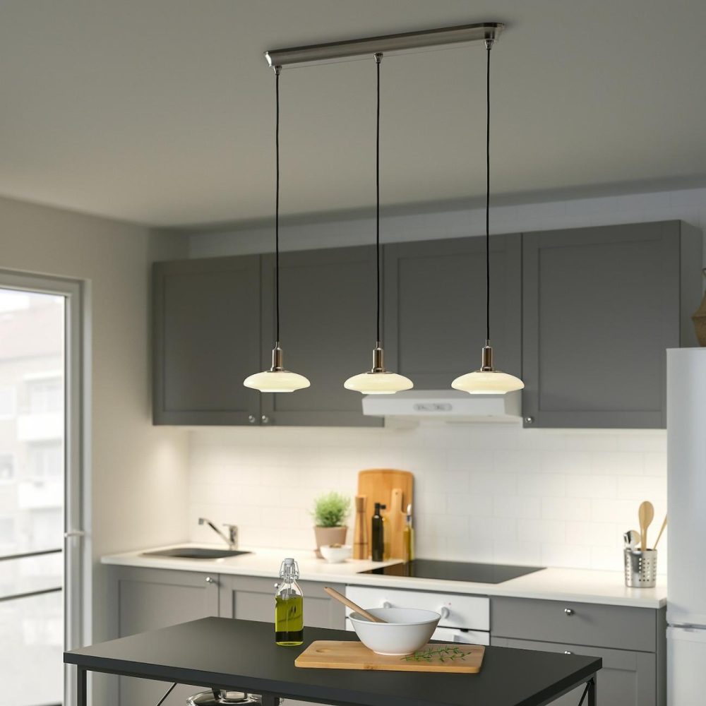 Pendant Lamp With 3 Lamps, Nickel Plated/Opal Glass Ceiling Lights