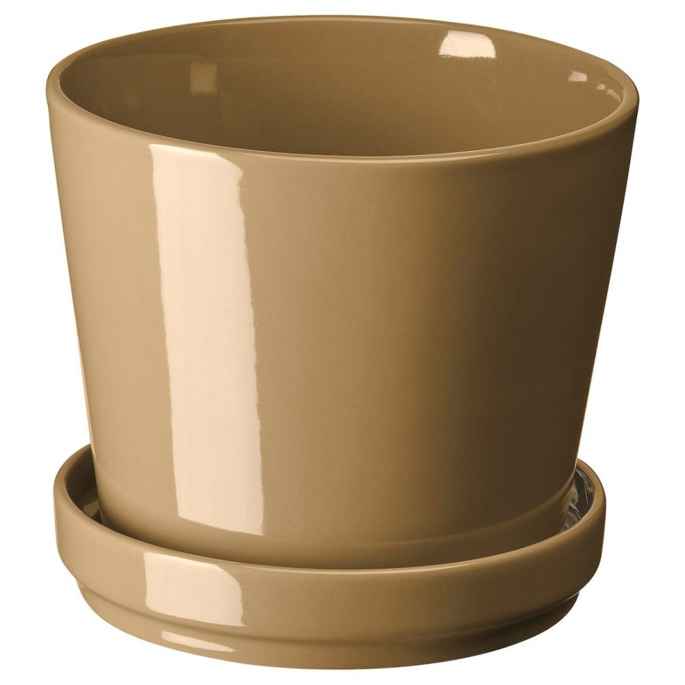 Plant Pot With Saucer, Indoor/Outdoor Yellow-Brown Outdoor Indoor/Outdoor Yellow-Brown