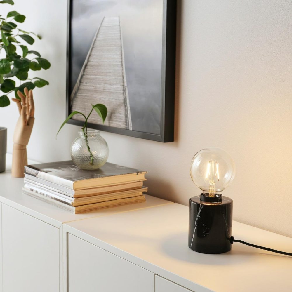 Table Lamp With Led Bulb, Marble Black/Globe Clea Lamps & Light Fixtures Marble Black/Globe Clear