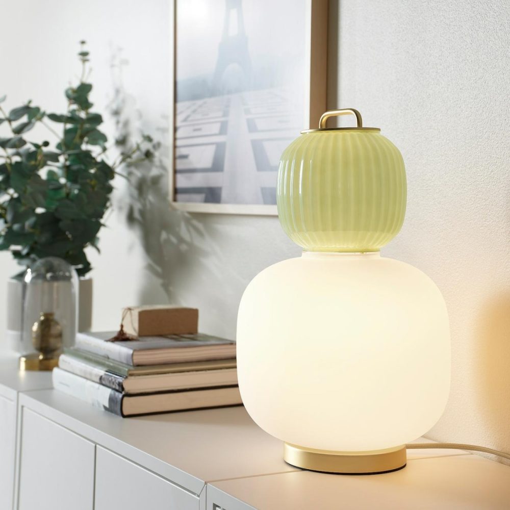 Table Lamp With Led Bulb, White/Light Green Glass/Gold Effect Metal Lamps & Light Fixtures