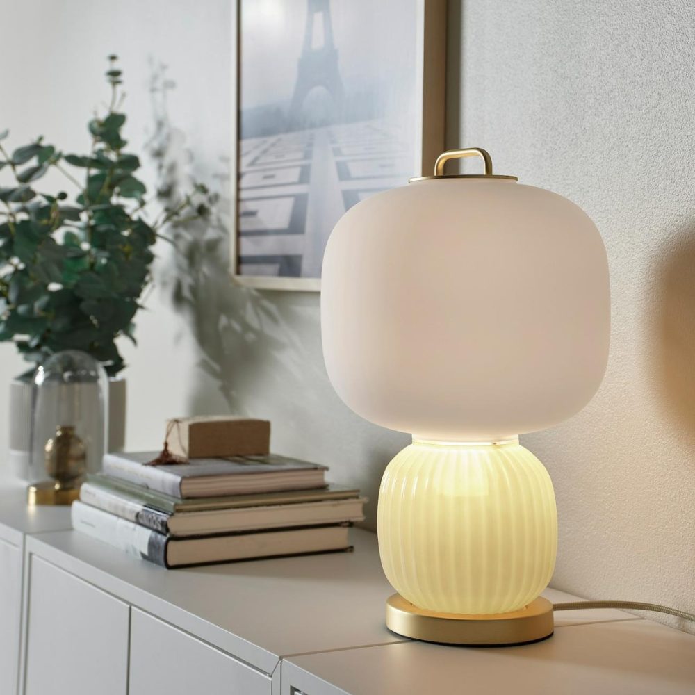 Table Lamp With Led Bulb, White/Light Green Glass/Gold Effect Metal Lamps & Light Fixtures