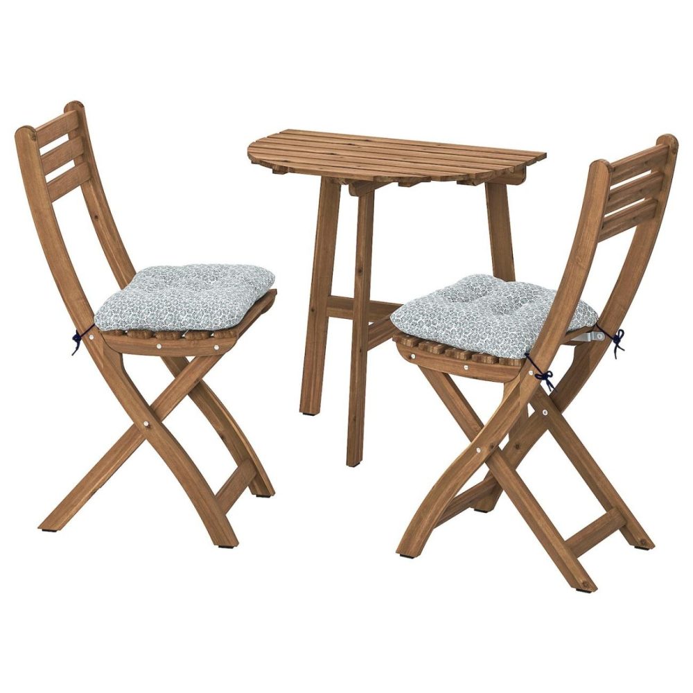 Wall Table+2 Folding Chairs,Outdoor, Dark Brown/Klösan Blue Outdoor Askholmen Dark Brown/Klösan Blue