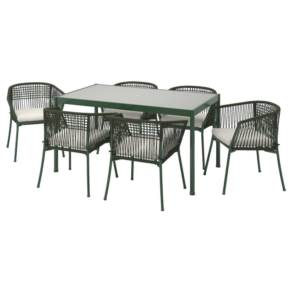 Table+6 Armchairs, Outdoor, Dark Green/Frösön/Duvholmen Beige Outdoor Segerön Dark Green/Frösön/Duvholmen Beige